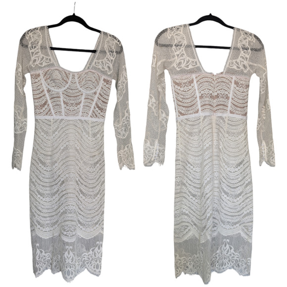 Jonathan Simkhai XS 2 Bustier Mixed Lace Overlay Lined Bodysuit White Midi Dress - Picture 2 of 15